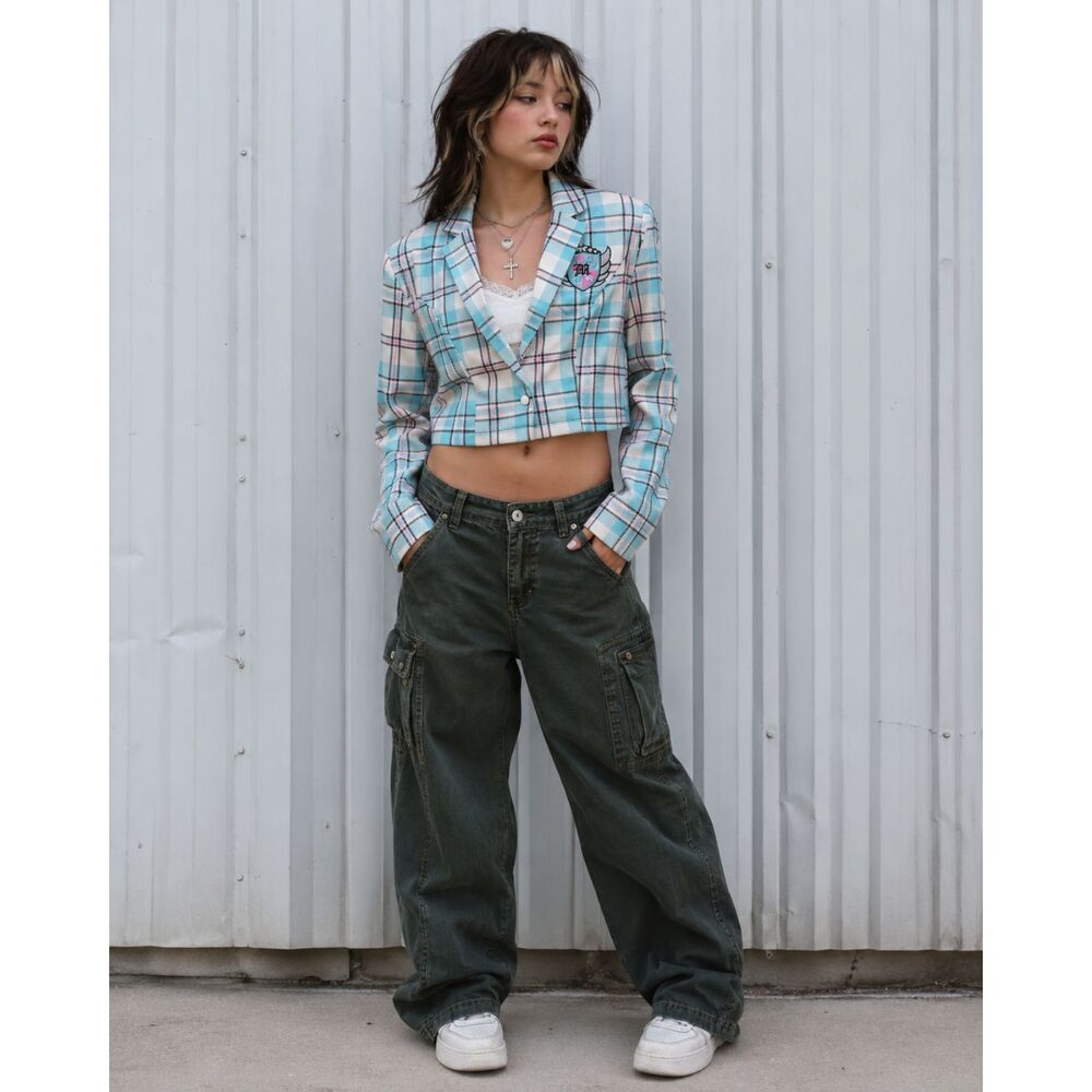 DollsKillz x Hatsune Miku Blue Plaid Cropped Blazer Jacket  Women's Size Small